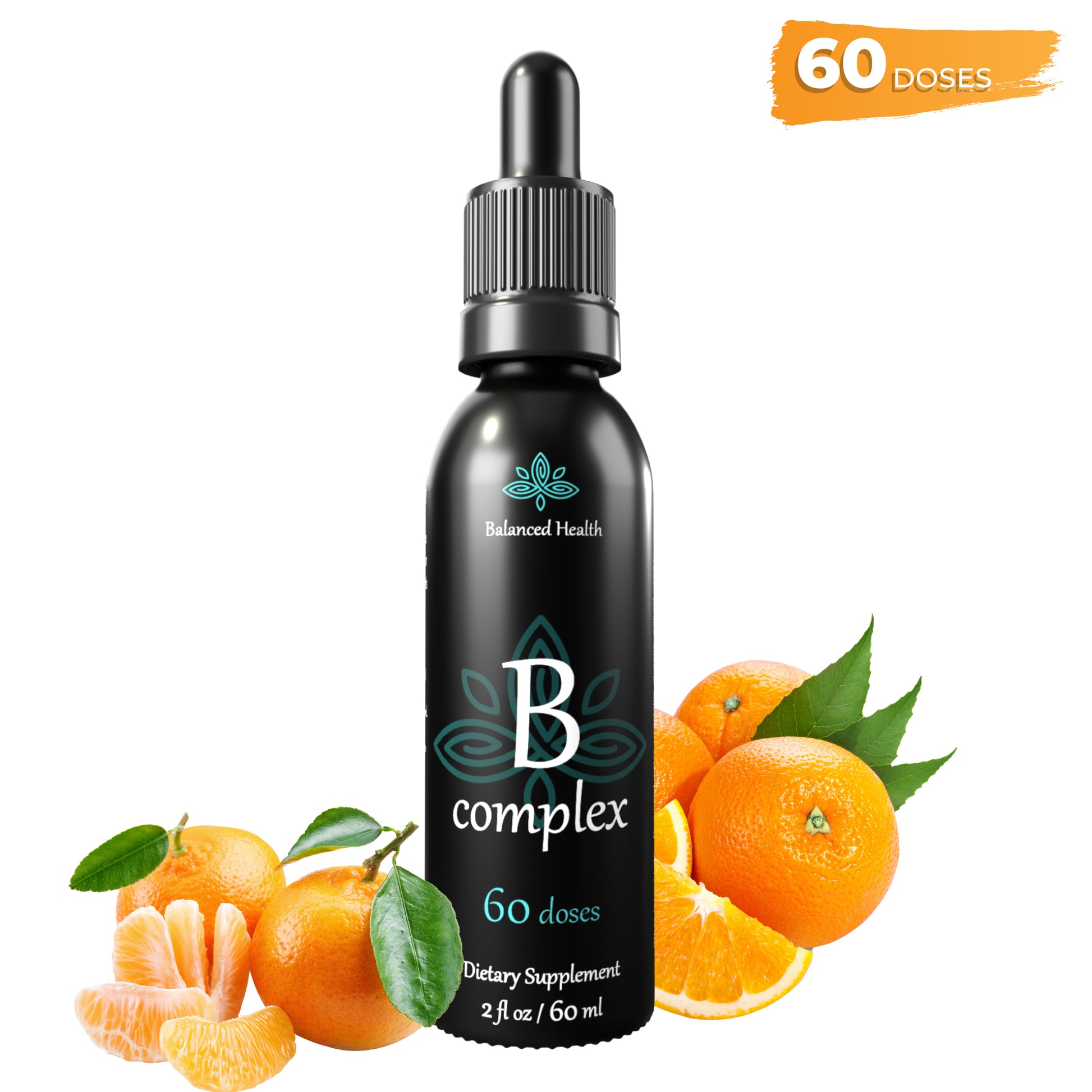 Balanced Health naturally sourced Liquid Vitamin B Complex in a great tasting natural vanilla, orange, and blood orange flavored liquid supplement
