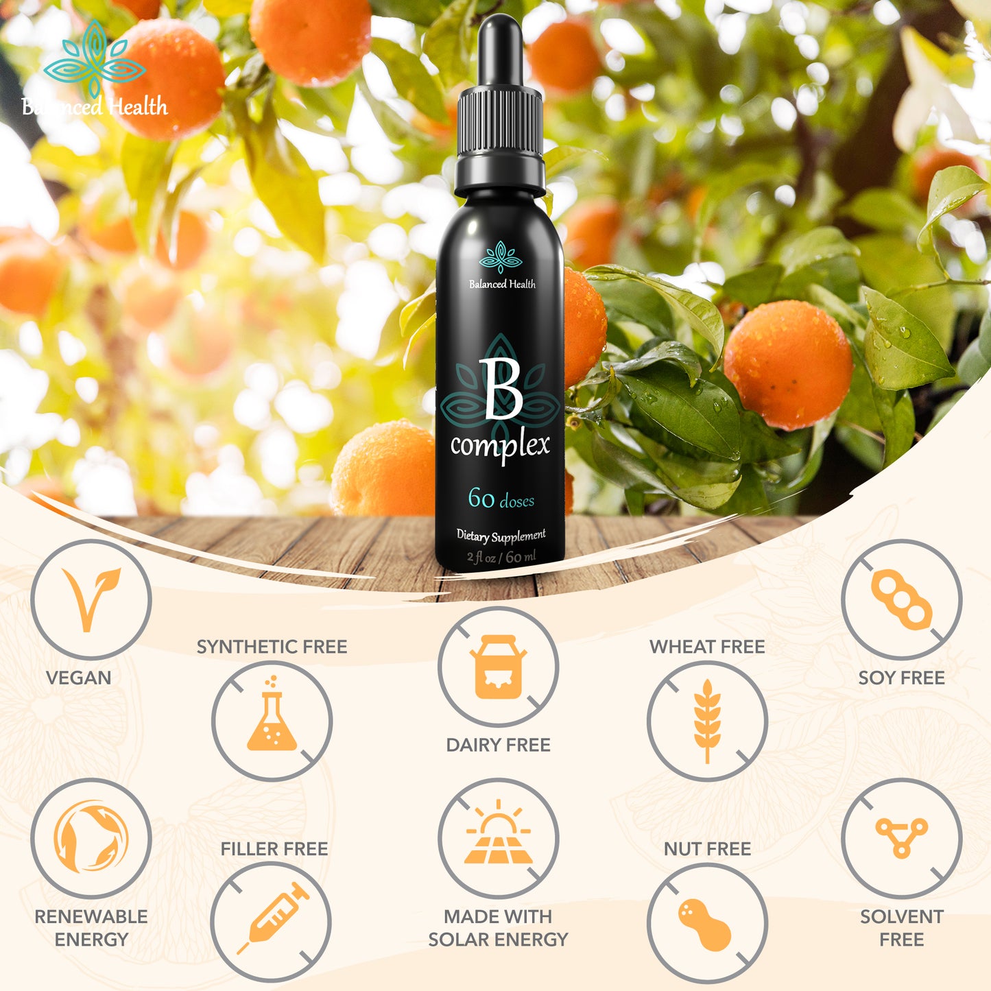 Balanced Health Liquid Vitamin B Complex is vegan and free from wheat, gluten and soy.