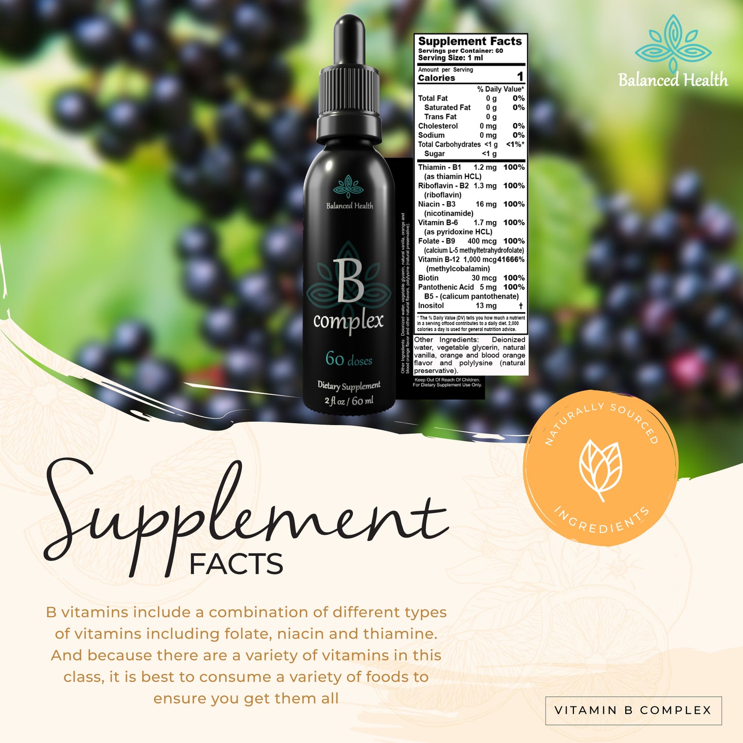 Balanced Health Liquid Vitamin B Complex all natural plant sourced with biotin folate and more.