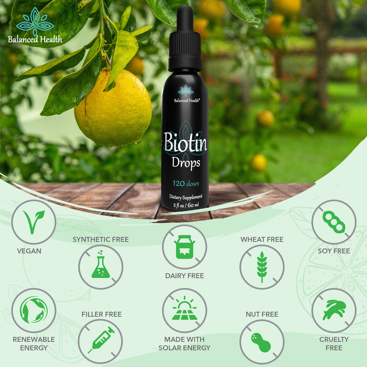 Balanced Health Biotin Drops vitamin B7 for healthy metabolism, brain function, and build healthy hair skin and nails