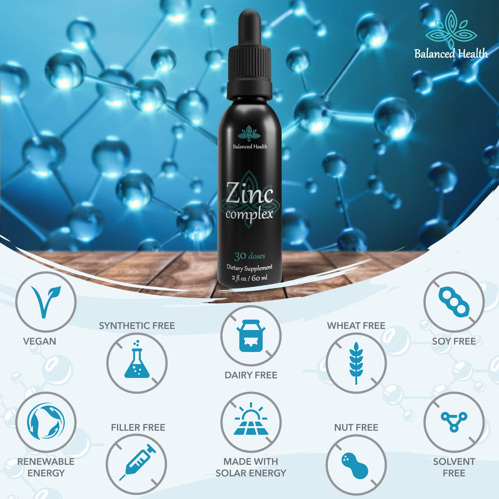 Balanced Health Liquid Ionic Liquid Zinc Complex for immune support is vegan and free from soy, nuts or artificial ingredients