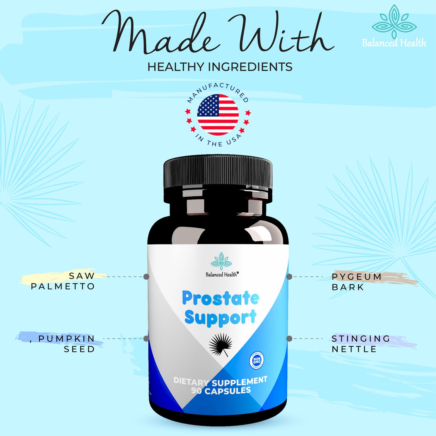 Balanced Health Men's Prostate Support with saw palmetto, pygeum bark, stinging nettles and pumpkin seed for healthy prostate support.